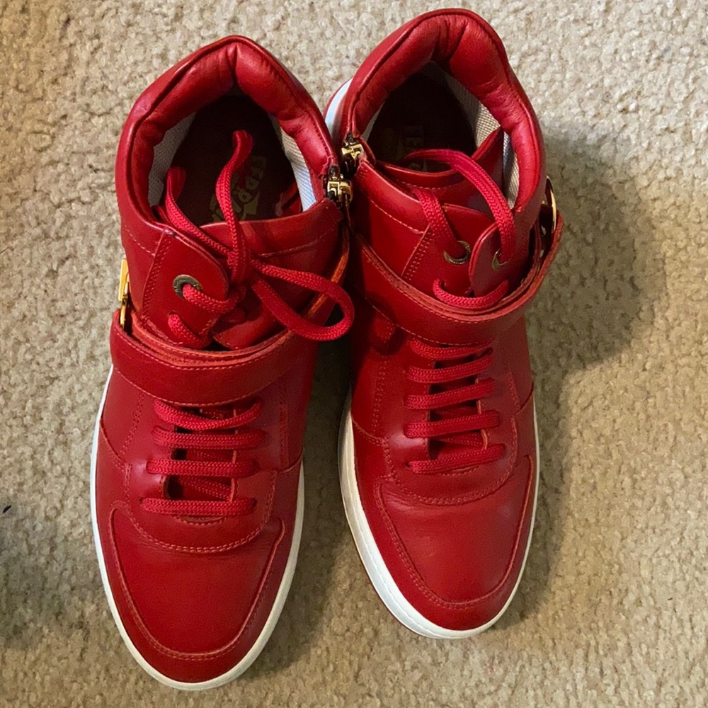 Red and gold leather Salvatore Ferragamo sneakers